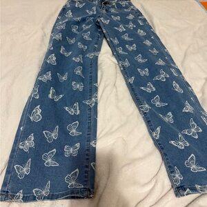 Elegant Butterfly Print Boot Cut Jeans